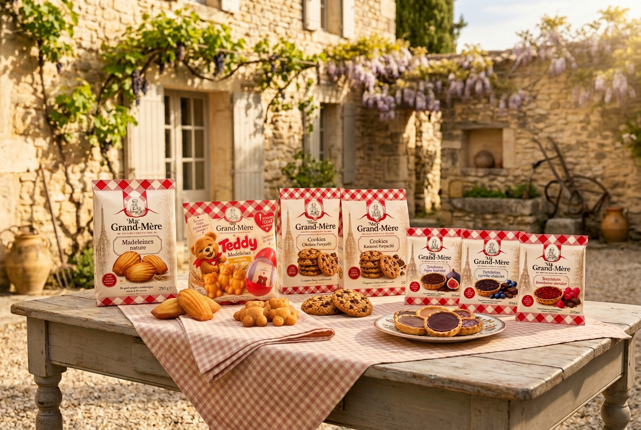 Un enfant avec un golden retriever à côté d'un sachet de madeleines Ma Grand-Mère, devant un manoir français